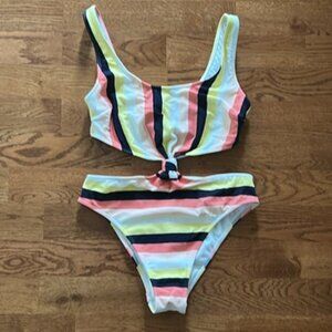 Abercrombie Yellow Coral White Black Stripe Cutout One Piece Knot XS Swimsuit